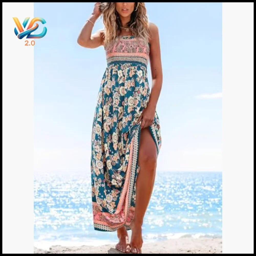 Maxi Dress Sleeveless Smocked Ruffled Spaghetti Straps A-Line Rayon Formal
